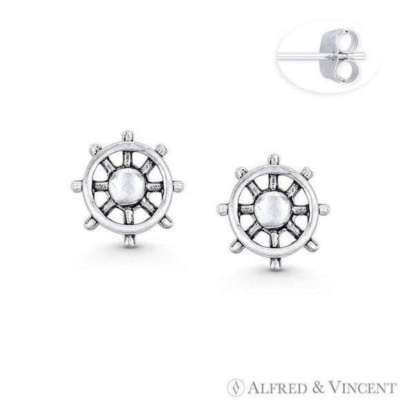 Helm Wheel Nautical Charm Stud Earrings in Oxidized .925 Sterling Silver - Picture 1 of 1